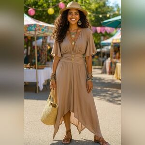 Boho Lagenlook XL Maxi Festival Cover-Up Duster Asymmetrical Bell Sleeves Dress